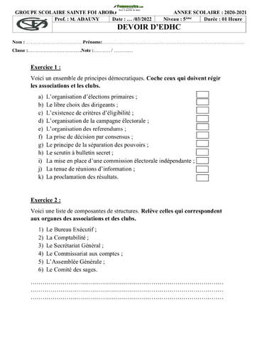 Sujet de EDHC Niveau 5ème Collège Sainte Foi Abidjan 2022