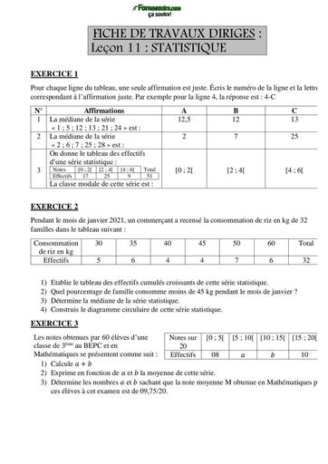 Travaux Dirigé Maths Tle D statistique By TEHUA