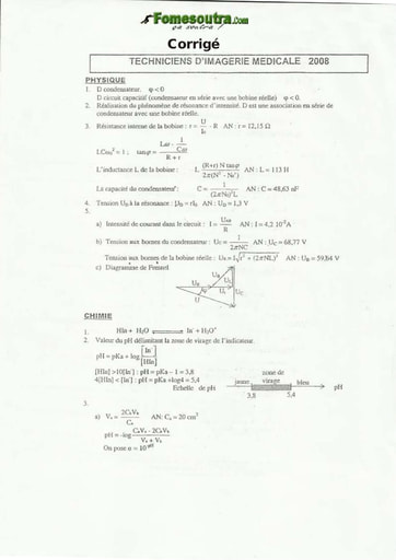 Corrigé Physiques-Chimie Technicien d'Imagérie Médicale INFAS 2008