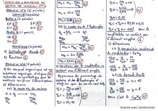 Devoir PC 1ière D COMEF 2 Daloa Barème By Tehua