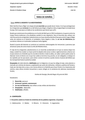 DEVOIR D'ESPAGNOL NIVEAU Tle ENTRE EL  BY TEHUA