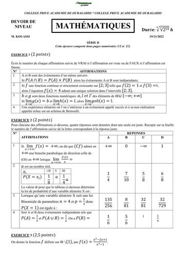 DEVOIR DE MATHS NIVEAU Tle D COLLEGE PRIVE ACADEMIE DE OURAGAHIO 2022 BY TEHUA