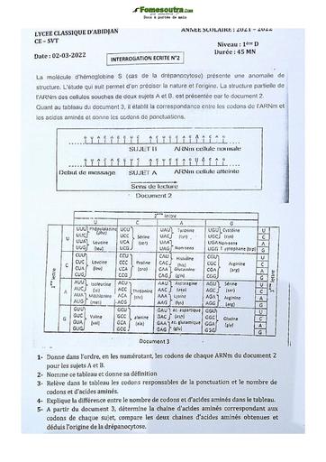 Sujet de SVT niveau Première D Lycée Classique Abidjan 2021-2022