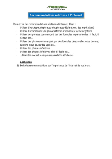 Recommandations relatives à l’internet - Cours Exploitation Écrite CM1