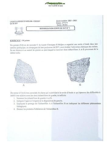 Devoir surveillé de SVT niveau Seconde C Lycée Classique Abidjan 21-22