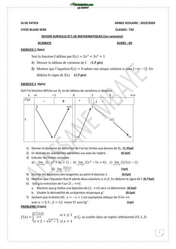 DEVOIR DE MATHS Tle S2 LYCEE BLAISE SENE 2020 BY TEHUA