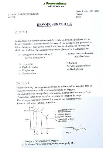 Sujet de SVT niveau Première D Lycée Classique Abidjan 2022