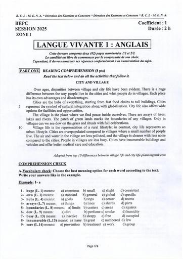 BEPC 205 SUJET+CORRIGE ANGLAIS BEPC 2025 ZONE 123 Côte d'Ivoire by TEHUA