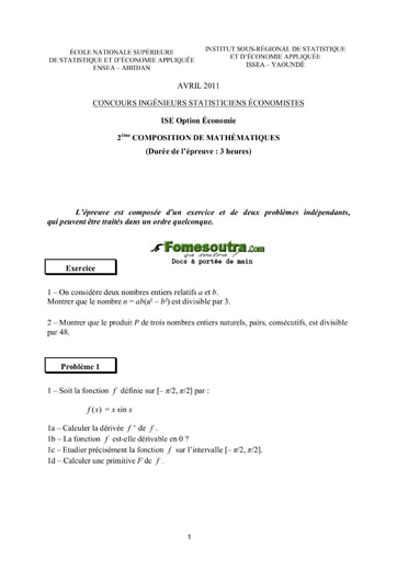 Sujet 2ème épreuve de maths ISE option économie 2011 (ENSEA - ISSEA)