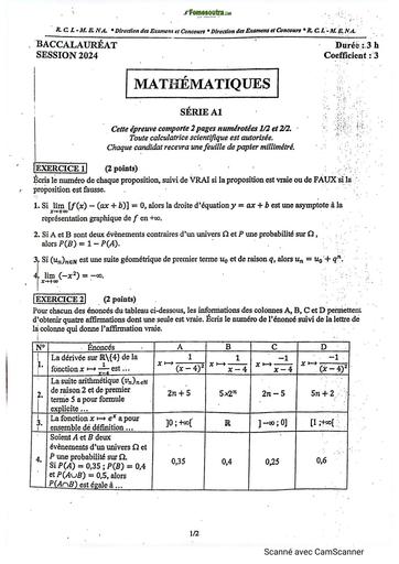 Bac 2024 Maths serie A1&A2 sujet+barême by Tehua