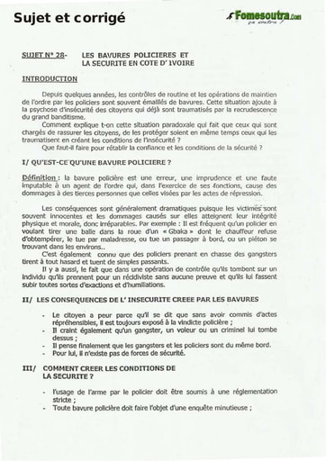 Sujet Corrigé de Dissertation: Les bavures policières et la sécurité en Cote d'Ivoire