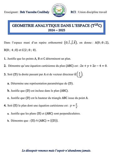 Sujet Géométrie Analytique dans l'espace Maths Tle C Hinneh by Tehua
