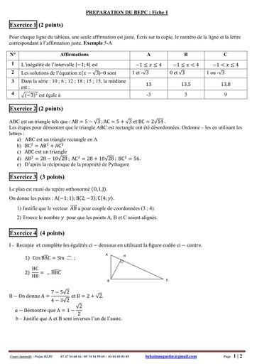 PREPA BEPC MATHS FICHE 1 by TEHUA
