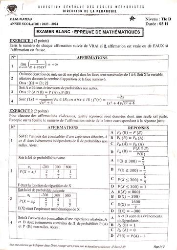 Compo de fin de trimestre Nov 2023 Maths Tle D CMA by Tehua