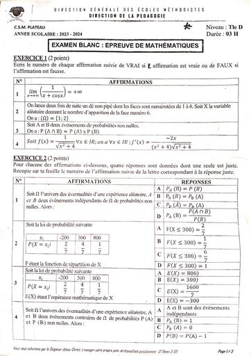 Compo de fin de trimestre Nov 2023 Maths Tle D CMA by Tehua