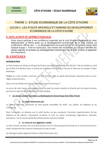 Les atouts naturels et humains du développement économique de la Côte d’Ivoire - Cours de Géographie niveau 3eme