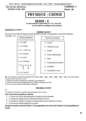 EPREUVE PHYSIQUE CHIMIE BAC BLANC SERIE C AVRIL 2023 by Tehua