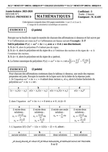 Devoir maths N°1 1ière D 2023 by Tehua