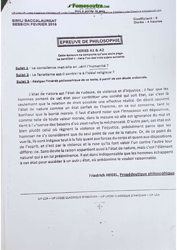 Sujet de Philo BAC blanc 2016 série A1 et A2 Lycée Classique d'Abidjan