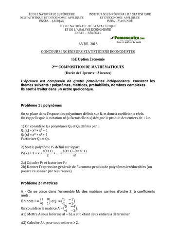 Sujet et Corrigé 2ème épreuve de maths ISE option économie 2016 (ENSEA - ISSEA - ENSAE)