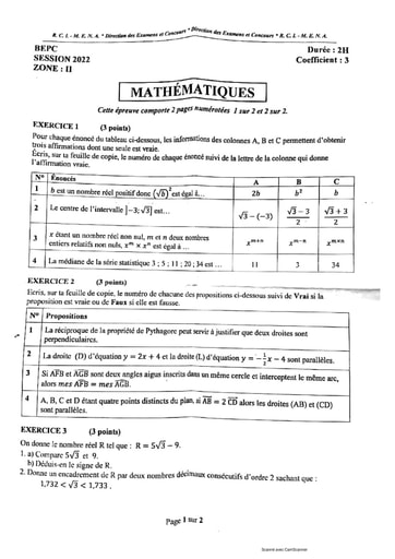 SUJET DE MATHS BEPC 2022 ZONE 2