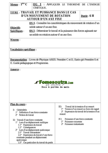 Travail et puissance dans le cas d’un mouvement de rotation autour d’un axe fixe - Physiques 1ere C et D
