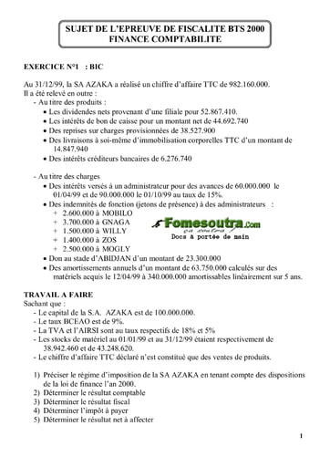 Sujet corrigé de Fiscalité BTS Finances Comptabilité et Gestion d’Entreprises 2000