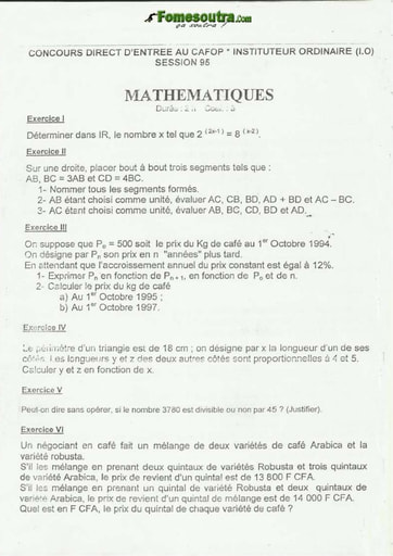 Sujet de Maths CAFOP 1995
