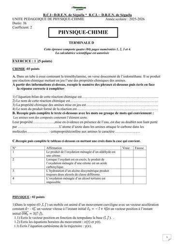 DEVOIR DE PC NIVEAU Tle D PARTIEL SEGUELA 2026 BY TEHUA