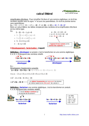 Calcul littéral - Cours de maths 3eme