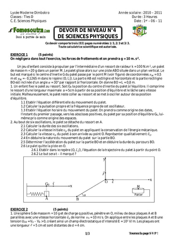 Devoir (25) Physique-Chimie niveau Terminale D lycée moderne Dimbokro