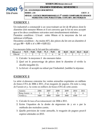 Sujet de Statistique Descriptive Licence Professionnelle 1ere année session 2012 (special) - PIGIER