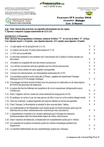 Sujet de Biologie concours ITA 2016