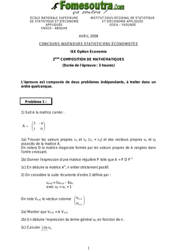 Sujet 2ème épreuve de maths ISE option économie 2008 (ENSEA - ISSEA)