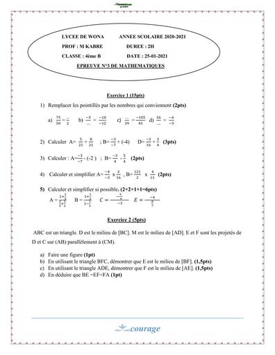 DEVOIR DE MATHS NIVEAU 4ième N°3 LYCEE DE WONA 2021 BY TEHUA