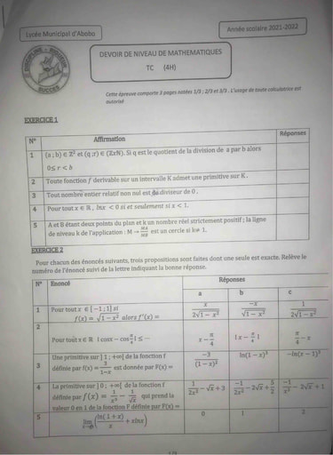 DEVOIR DE NIVEAU 2 MATHS TLE C LYCÉE MUNICIPAL ABOBO