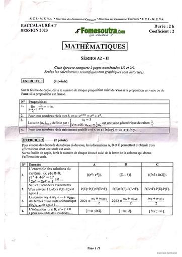 Sujet Maths bac 2023 serie A2 by Tehua
