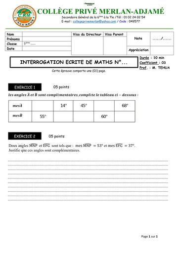 INTERROGATION ECRITE N°2 DE MATHS NIVEAU 5ième (LES ANGLES) NOVEMBRE 2025 BY TEHUA