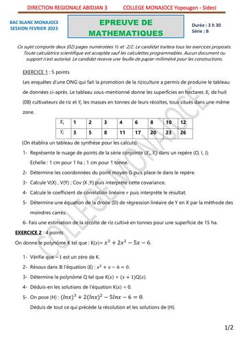 EPREUVE BAC BLANC 2023 MATHEMATIQUES SERIE B COLLEGE MONAJOCE YOPOUGON COTE D'IVOIRE