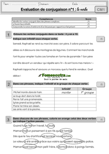 Evaluation de conjugaison (2) : le verbe - Niveau CM1