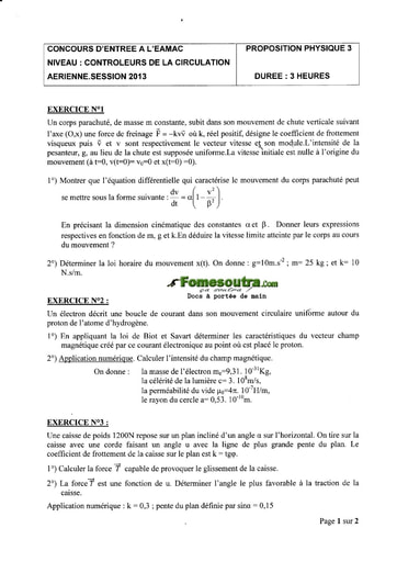 Sujet de Physique Concours EAMAC cycle Contrôleur de la circulation session 2013