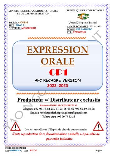 FICHE DE COURS EXPRESSION ORALE CP1 version A by TEHUA