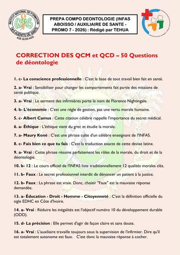 50 QUESTIONS PREPA COMPO DEONTOLOGIE INFAS AS ABOISSO 2026 CORRECTION BY TEHUA