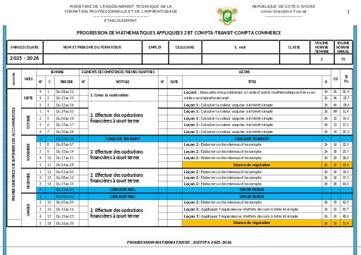 MATHS Appliquées 2 BT C TRANSIT CC