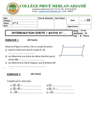 INTERROGATION ECRITE MATHS Niveau 4ième 5 du 13 MARS 2026 SUR VECTEURS