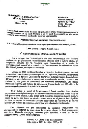 HIST GEO BAC A4,A5 2014 1er TOUR SESSION NORMALE