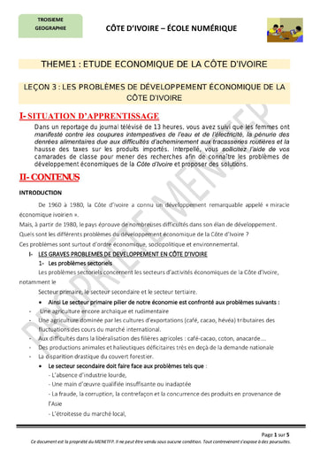 Les problèmes de développement économique de la Côte d’Ivoire - Cours de Géographie niveau 3eme