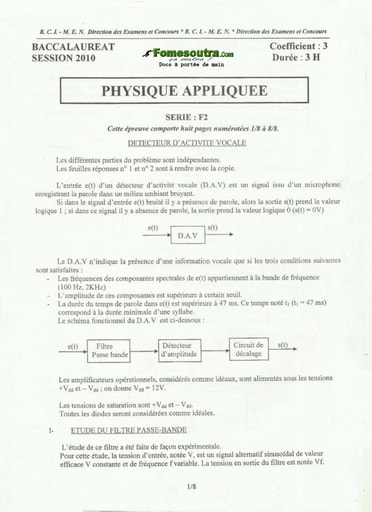 Sujet de Physique Appliquée du BAC F2 2010