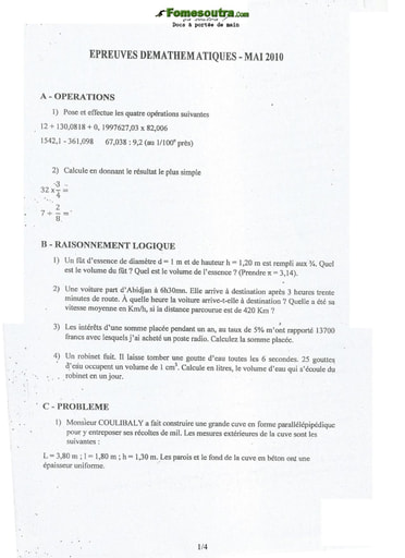 Sujet et corrigé de Mathématiques concours d’entrée à l'EMPT Bingerville 2010