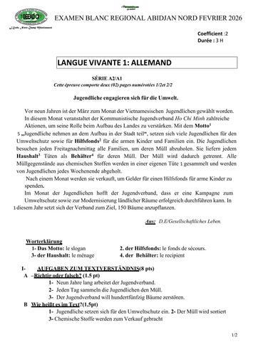 BAC BLANC FEVRIER 2026 DRENA ABIDJAN NORD SUJET LV1 ALLEMAND SERIE A (SUJET) by TEHUA